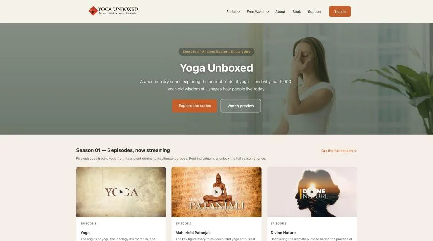 Yoga Unboxed homepage with the season one episode list
